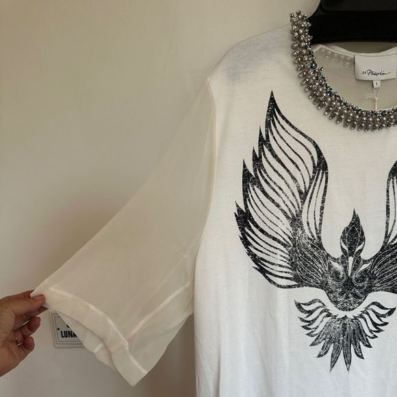 3.1 Phillip Lim white jersey/silk combo printed t-shirt w/embellished neck sz L - Picture 2 of 6